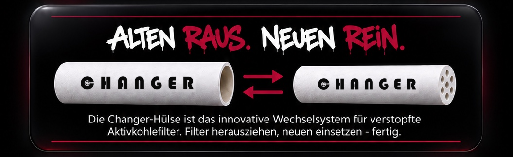 Folie 2: Alten raus. Neuen rein. Die Changer-Hülse ist das innovative Wechselsystem für verstopfte Aktivkohlefilter. Filter herausziehen, neuen einsetzen – fertig.