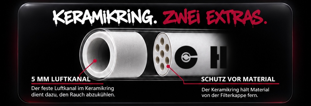 Folie 3: Keramikring. Zwei Extras. 5 mm Luftkanal: Der feste Luftkanal im Keramikring dient dazu, den Rauch abzukühlen. Schutz vor Material: Der Keramikring hält Material von der Filterkappe fern.
