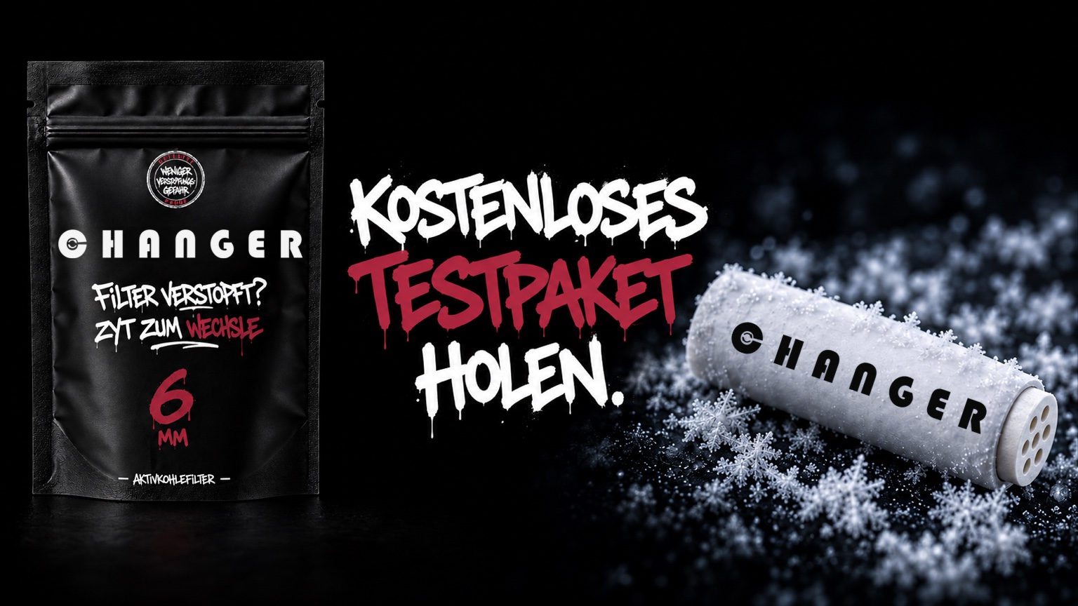 Kostenloses Testpaket holen. Changer-Verpackung und Aktivkohlefilter im Schnee.
